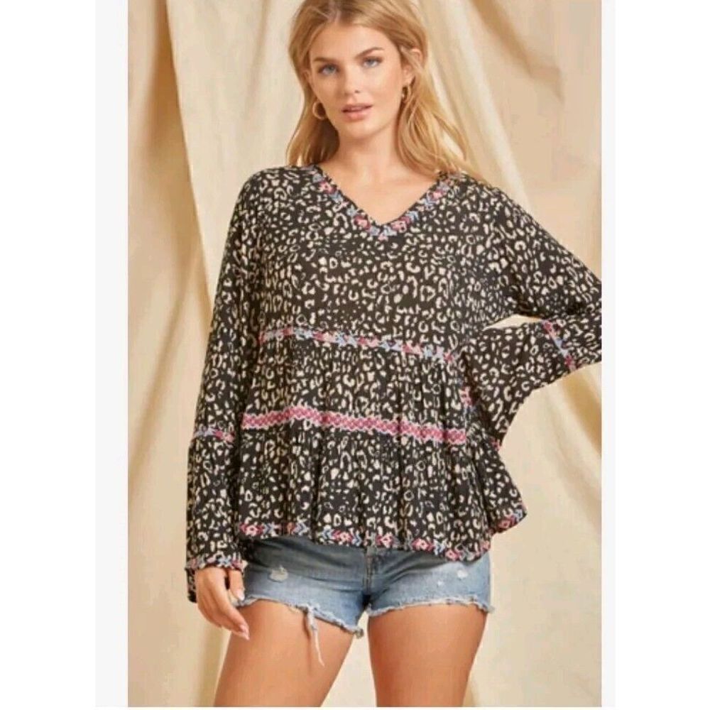 Savanna Jane All The Little Things Long Sleeve Boho Embroidered Top Women's Sz S